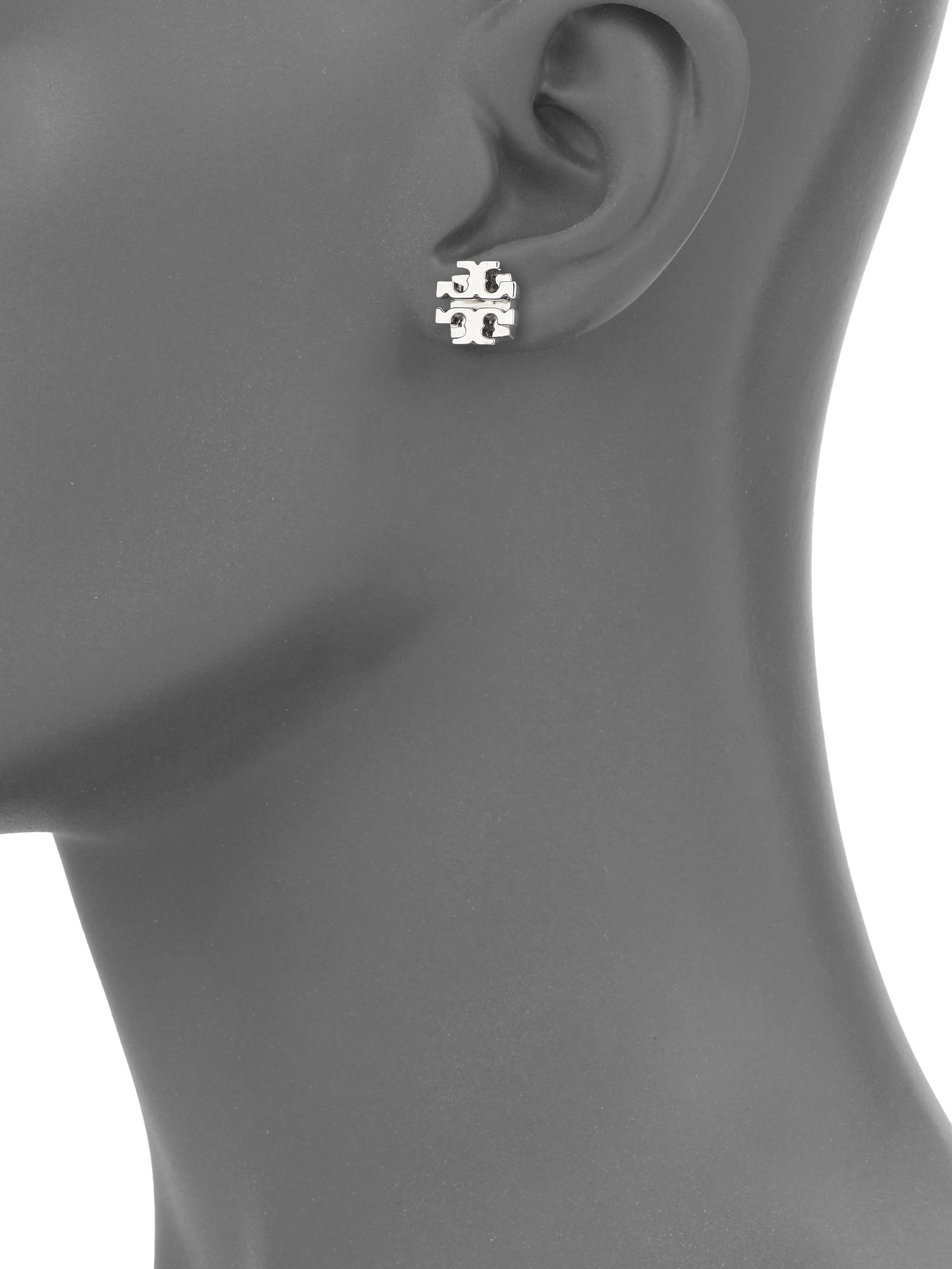 Lyst Tory Burch Small T Logo Stud Earrings Silvertone In Metallic Gallery