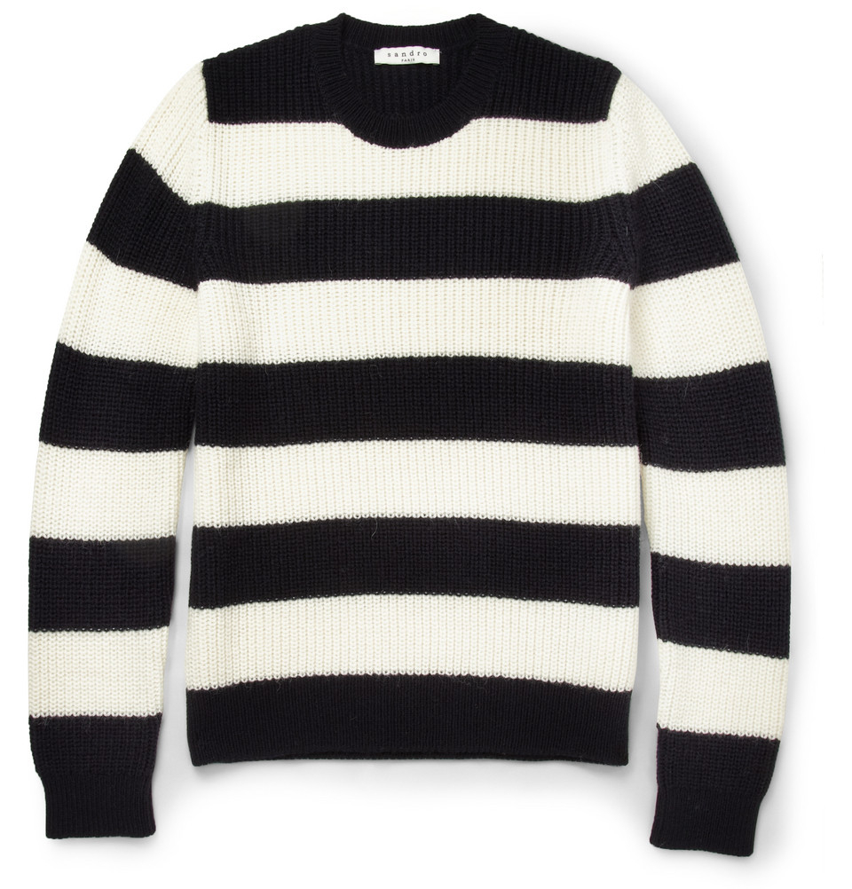 Lyst - Sandro Striped Knitted Crew Neck Sweater in Black for Men