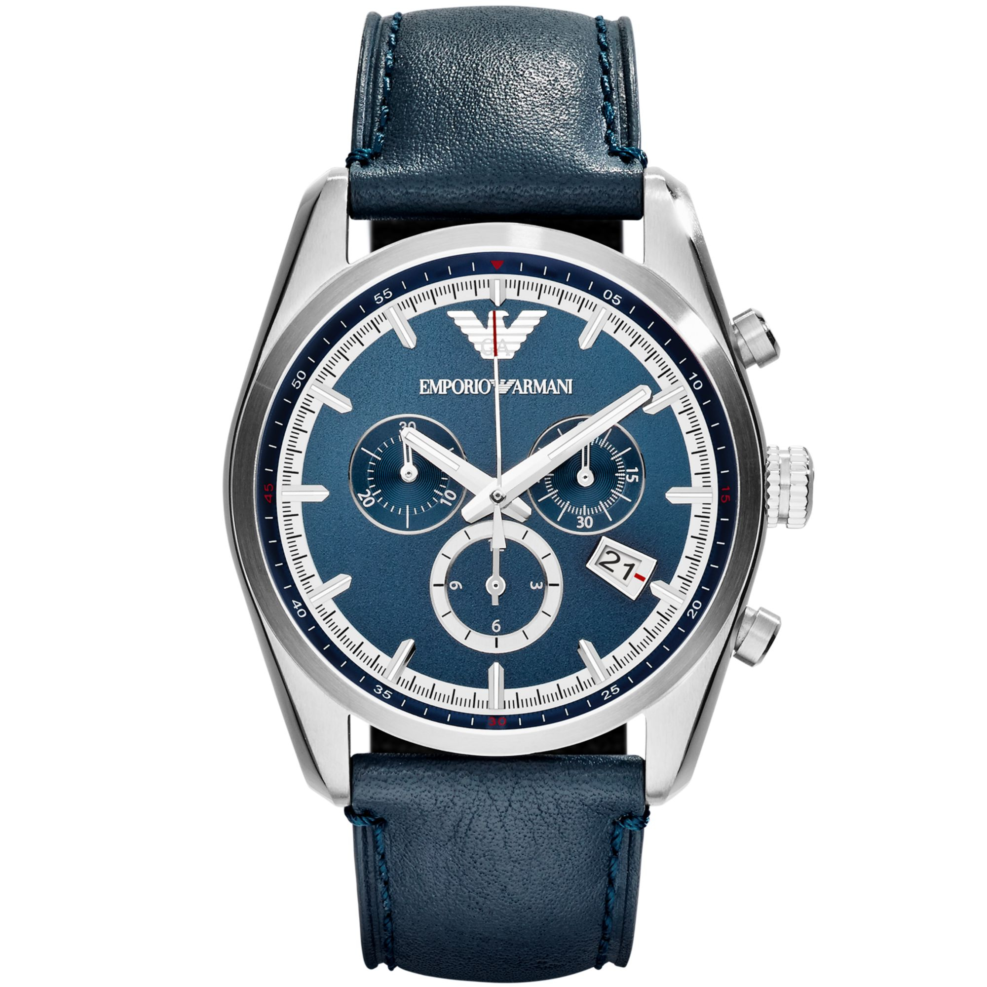 Emporio Armani Unisex Chronograph Tazio Blue Leather Strap Watch 43mm ...