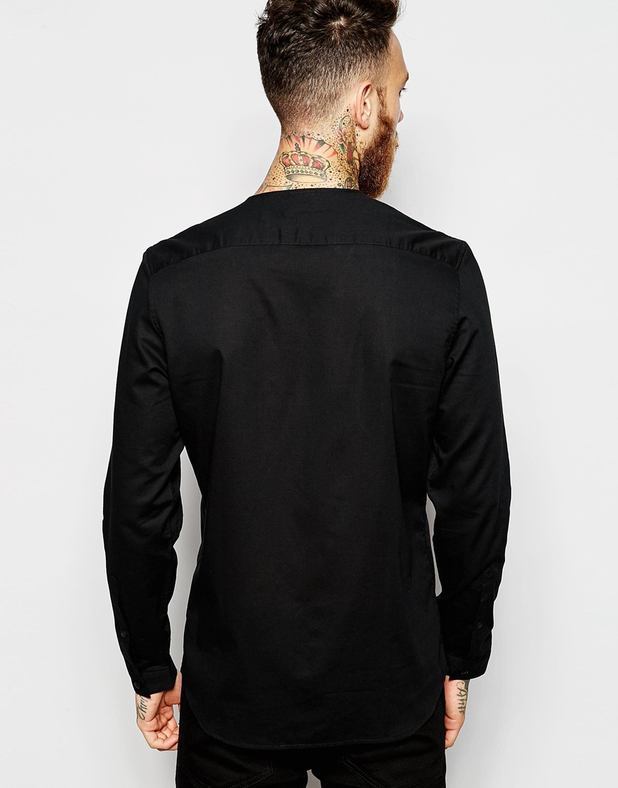 Lyst Asos Collarless Shirt With Asymmetrical Placket In Black For Men