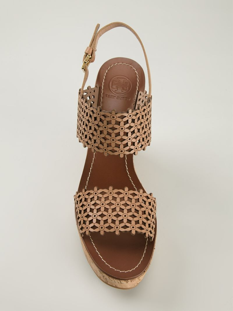 Lyst - Tory Burch Floral Perforated Wedge Sandals in Brown