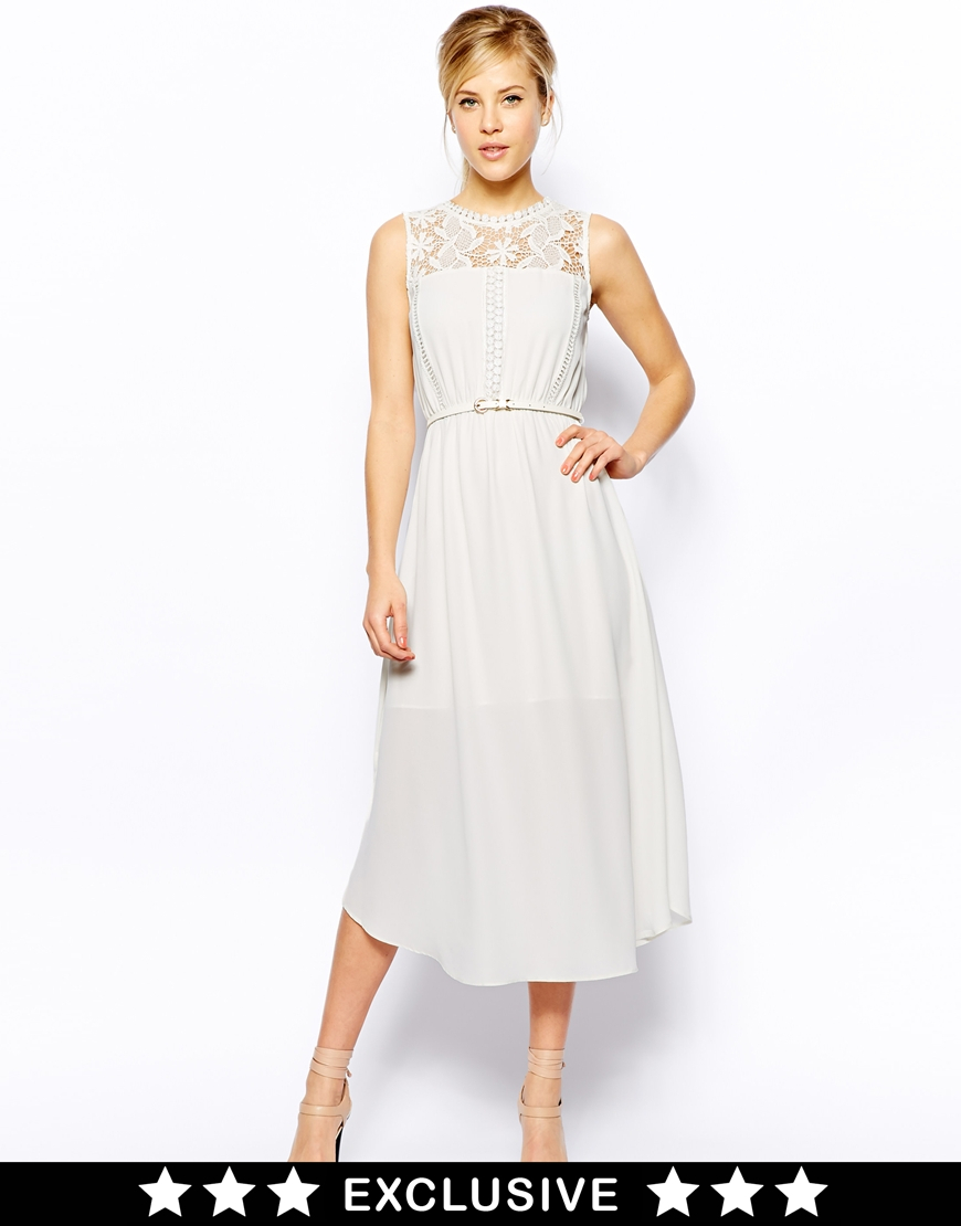 Lyst - Oasis Lace-Trimmed Midi Dress in White