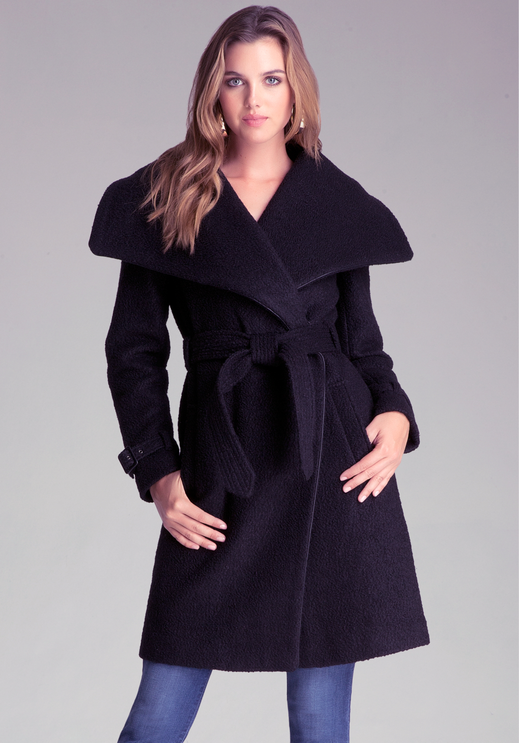 Bebe Shawl Collar Belted Coat in Black | Lyst