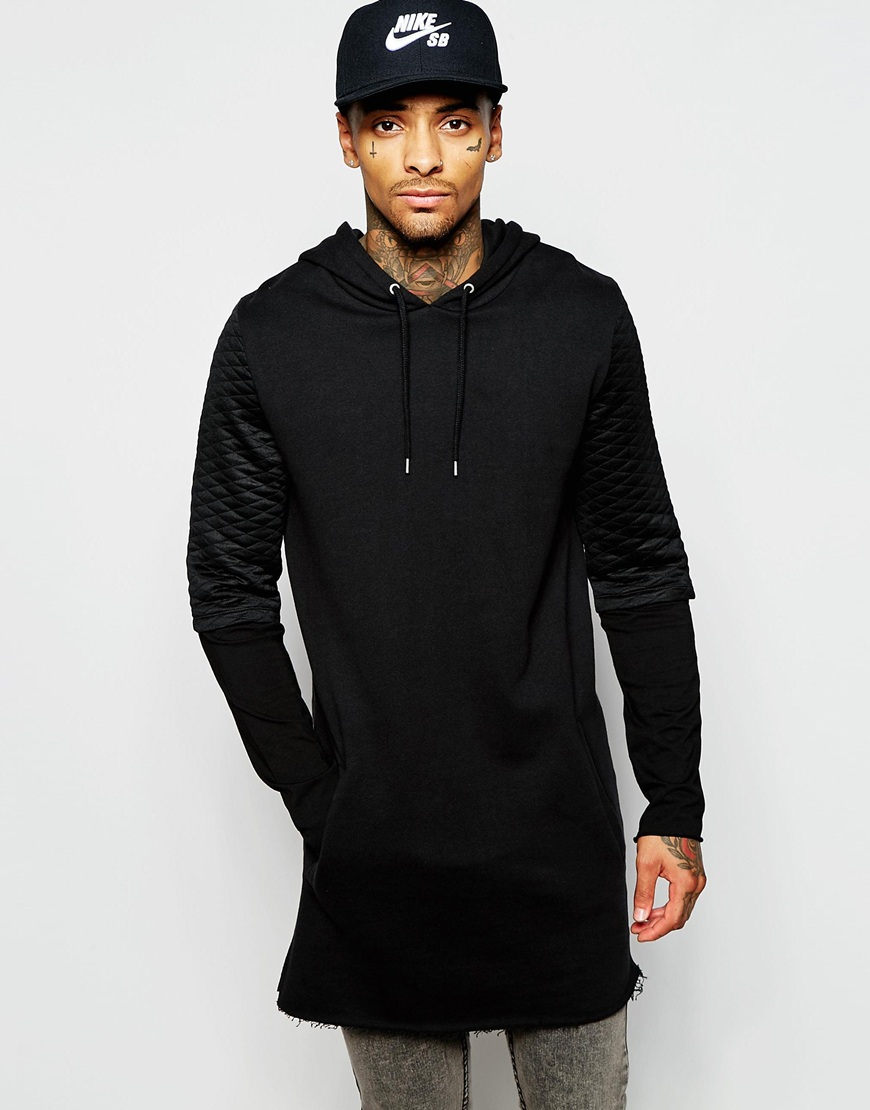 Asos Super Longline Hoodie With Double Layer & Quilted Sleeves in Black ...