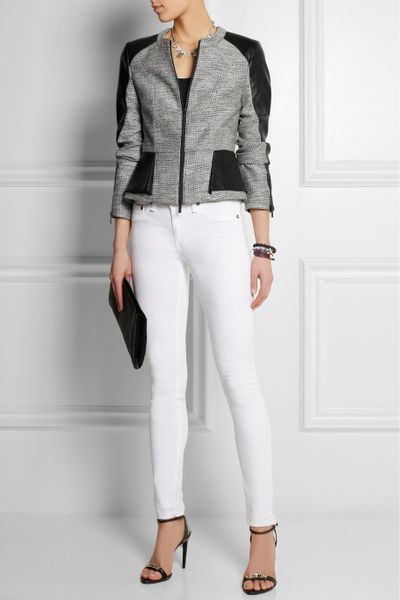 Karl Lagerfeld Metallic Tweed and Faux Leather Peplum Jacket in Gray | Lyst