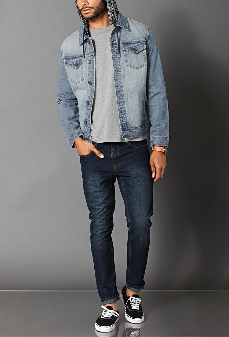 Lyst - Forever 21 Print Hooded Denim Jacket in Blue for Men