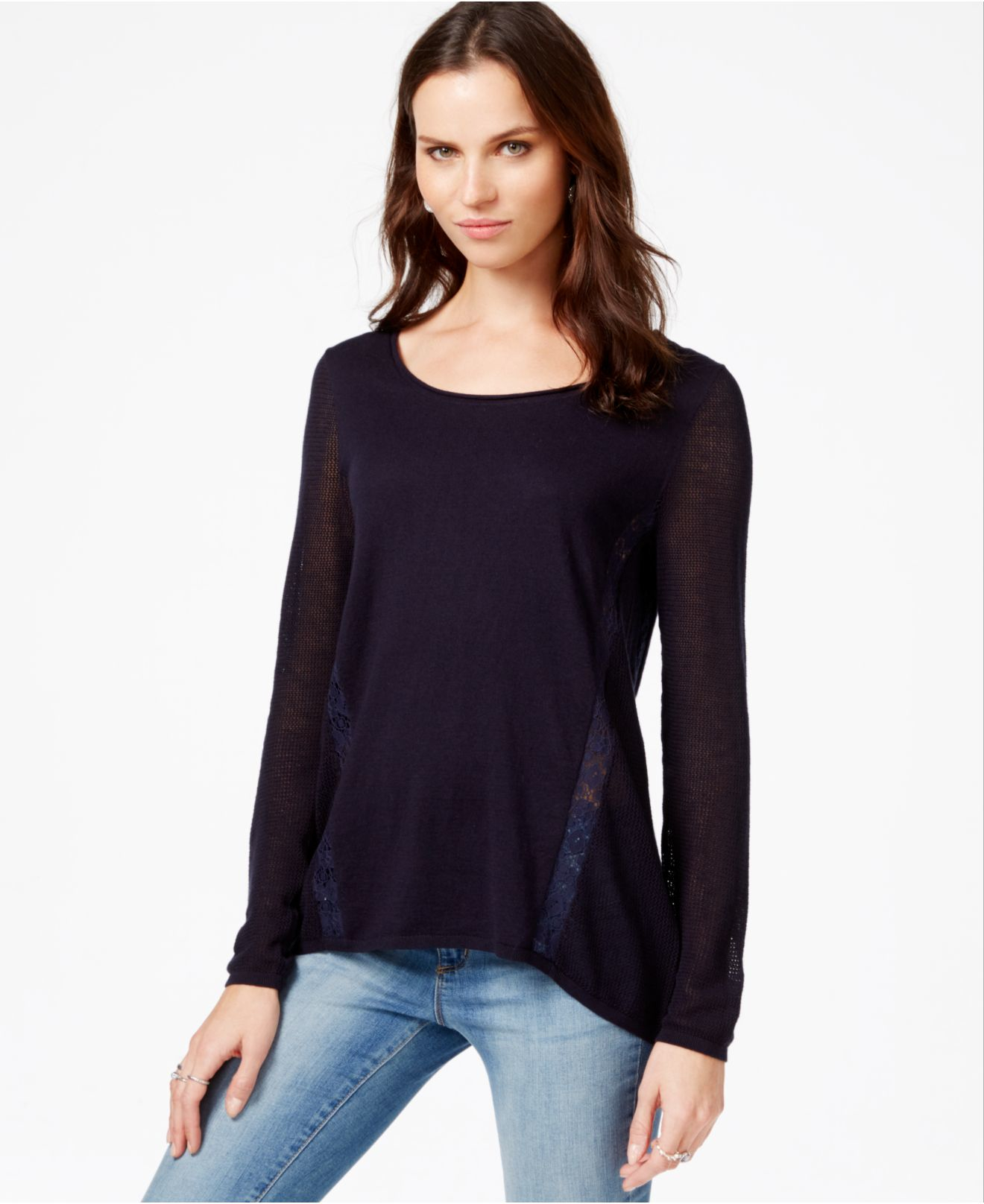 Lucky brand Lace-trim Sweater in Blue | Lyst