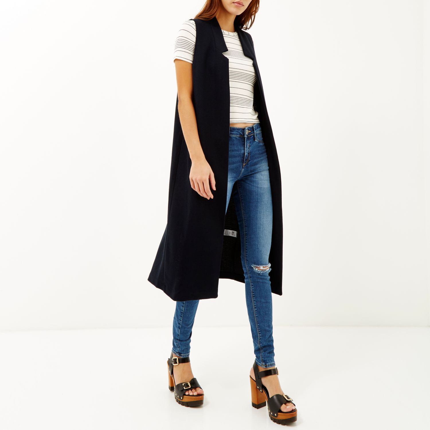 River Island Navy Sleeveless Longline Duster Jacket in Blue - Lyst