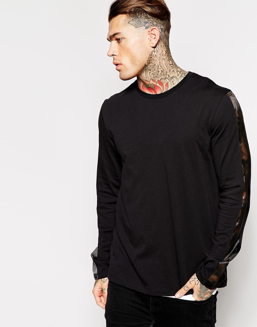 Lyst - Asos Skater Long Sleeve T-shirt With Sheer Panels in Black for Men