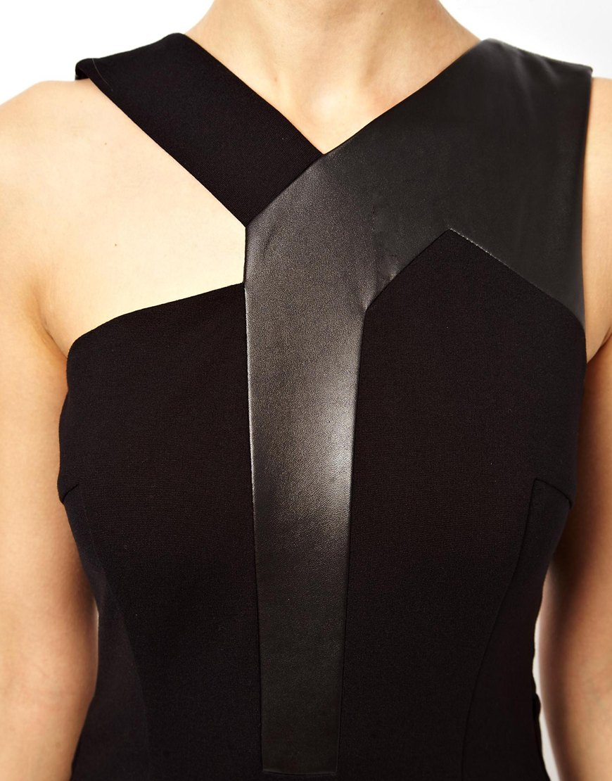 Lyst - Asos Exclusive Asymmetric Leather Trim Pencil Dress in Black