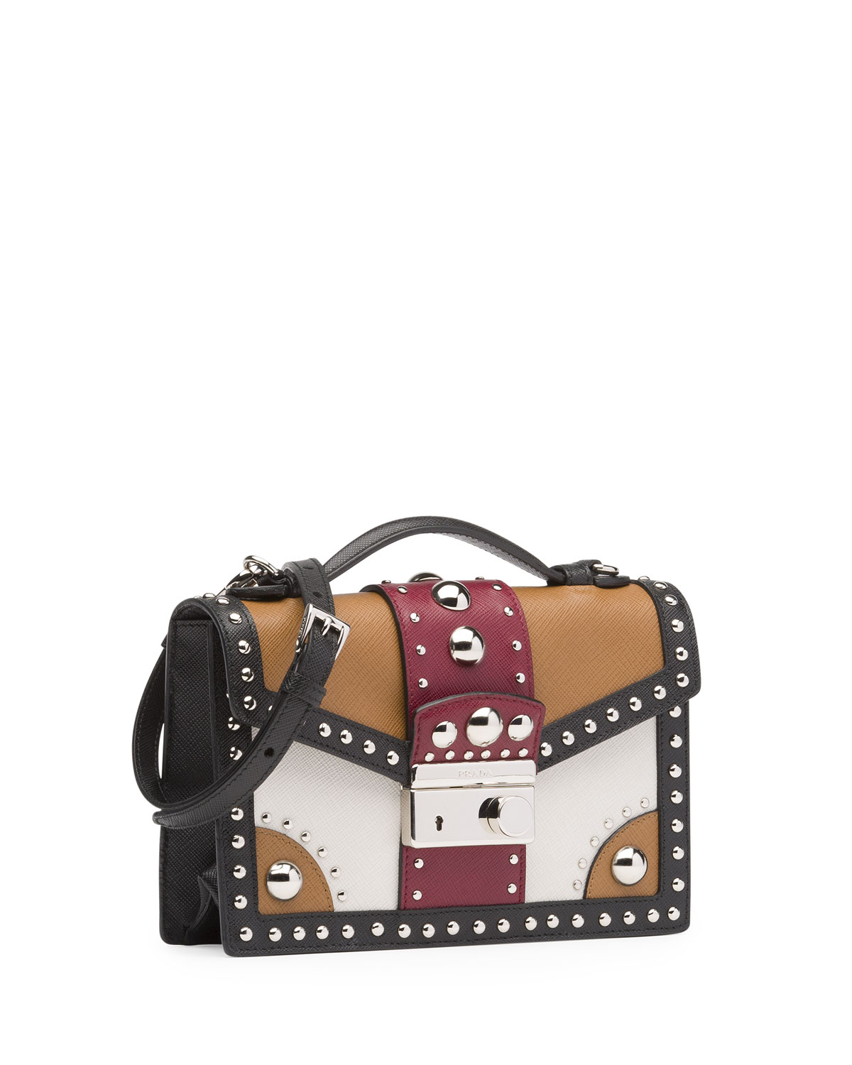 Prada Tricolor Studded Saffiano Sound Bag in Brown (Brown/Red ...