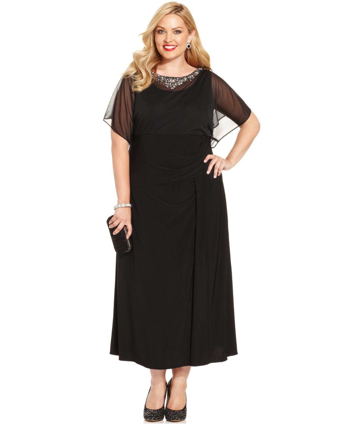 Lyst - Alex Evenings Plus Size Flutter-Sleeve Embellished Dress in Black