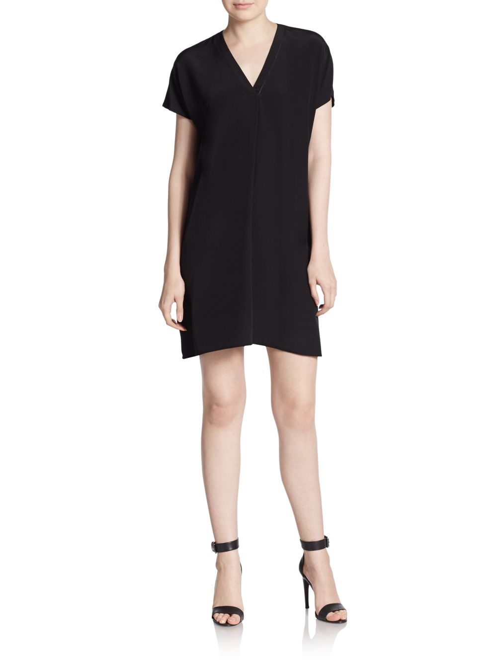 Lyst - Vince V-neck Silk Shift Dress in Black