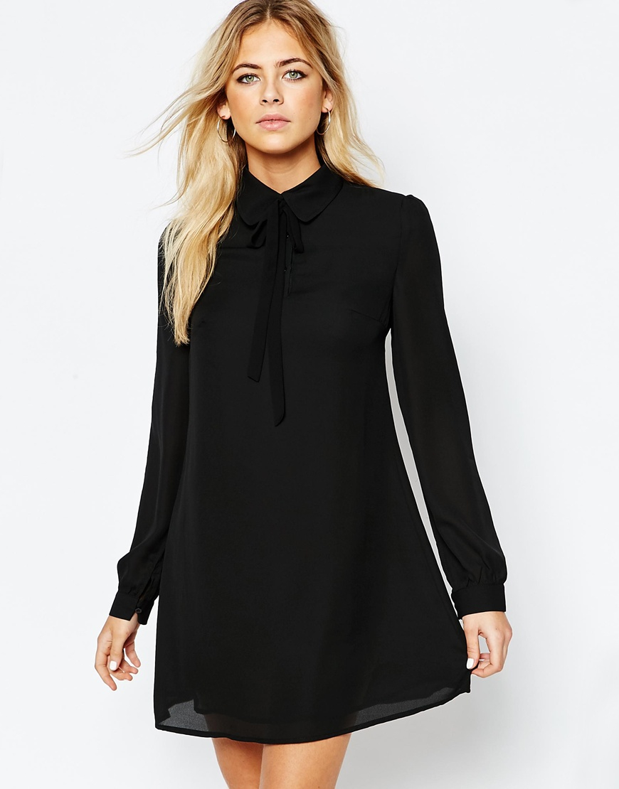 Fashion union Shirt  Dress  With Tie  Neck  in Black Lyst