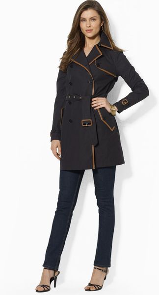 Ralph Lauren Belted Trench Coat with Faux Leather Trim in Black | Lyst