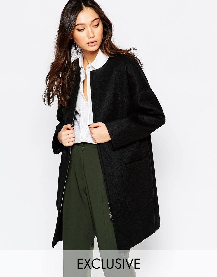 Helene berman Black Coated Zip Front Collarless Coat in Black | Lyst