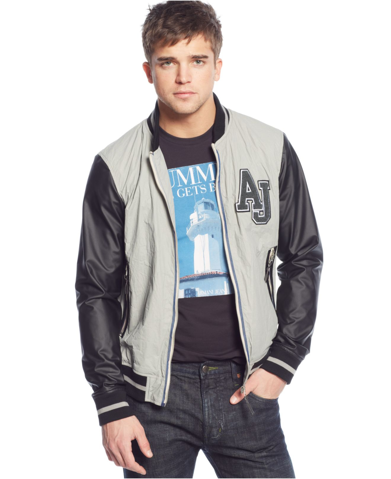 Lyst - Armani Jeans Aj Mixed-media Varsity Jacket in Gray for Men