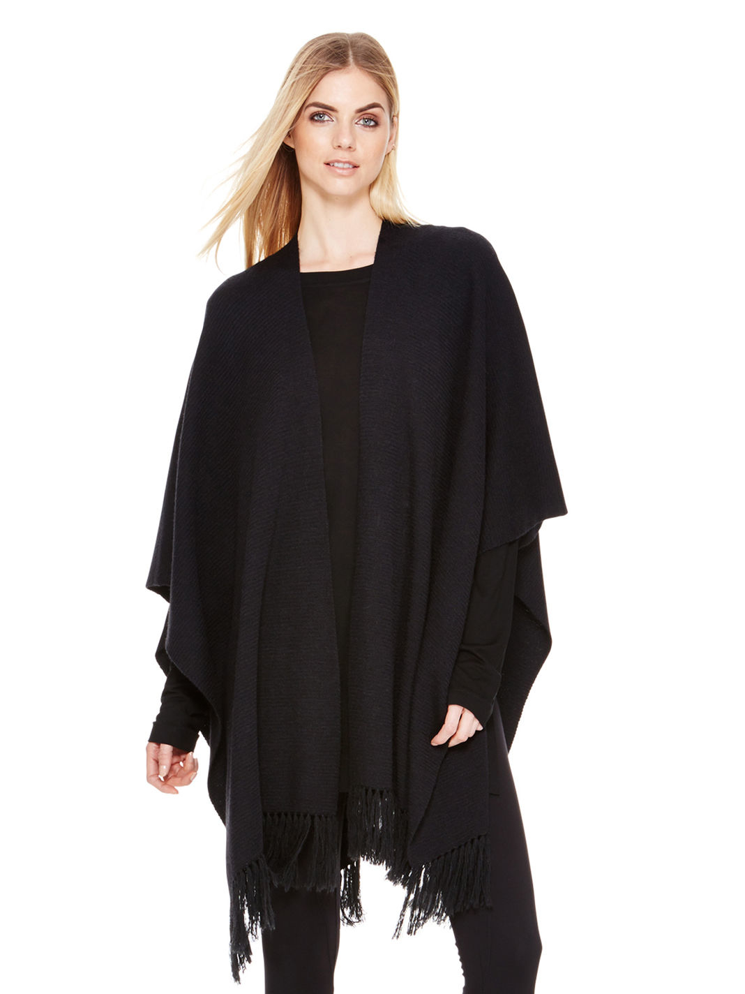 Lyst - Dkny Pure Open Front Poncho W/ Fringe in Black