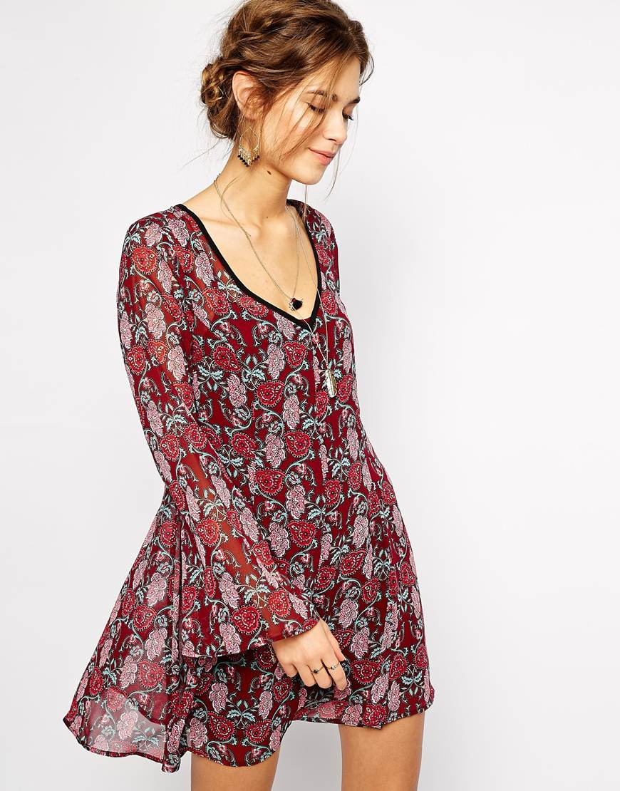 Lyst Band Of Gypsies Romantic Floral Print Smock Dress With Lace Up Back 3719