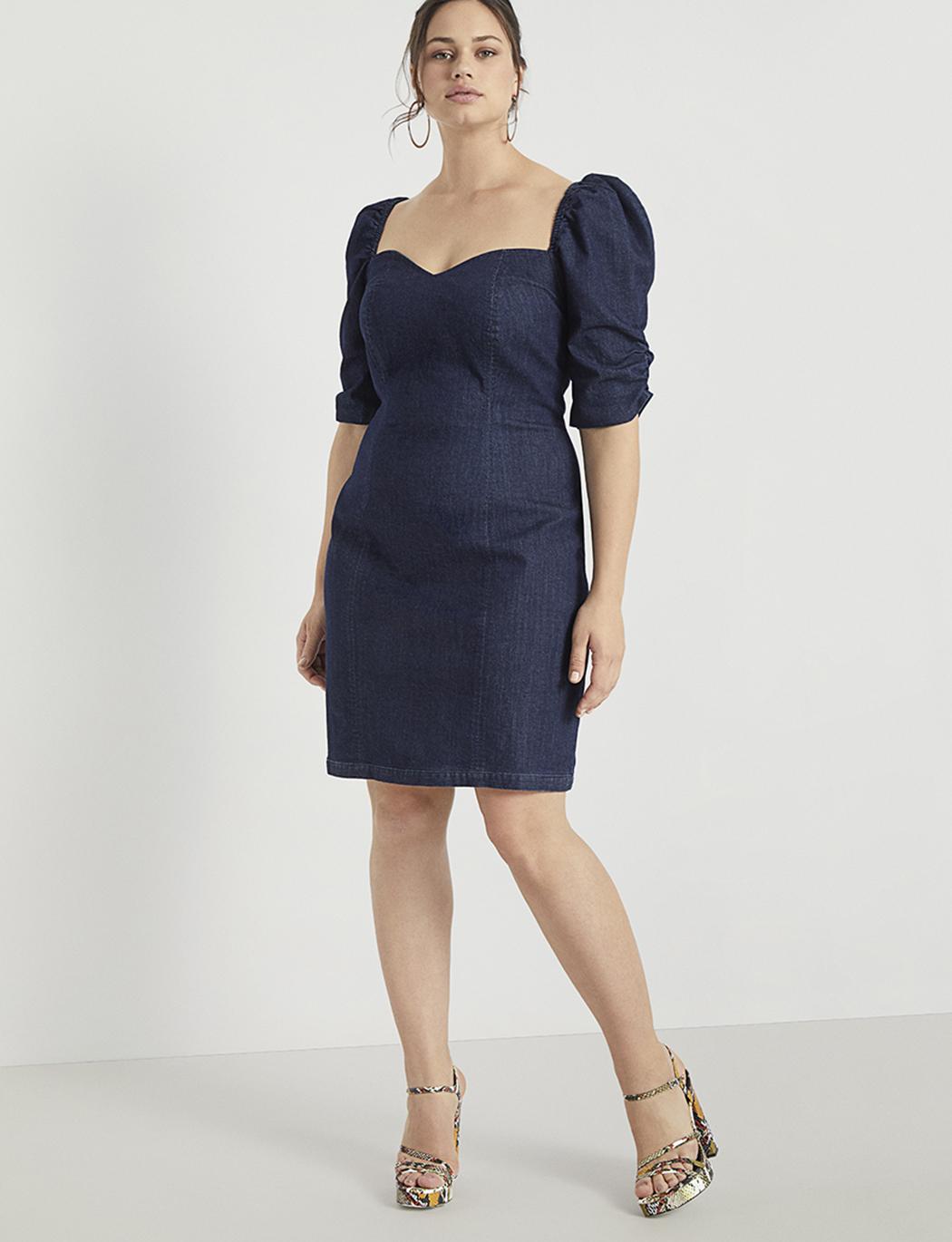 Eloquii Puff Sleeve Denim Dress In Dark Wash Blue Lyst 