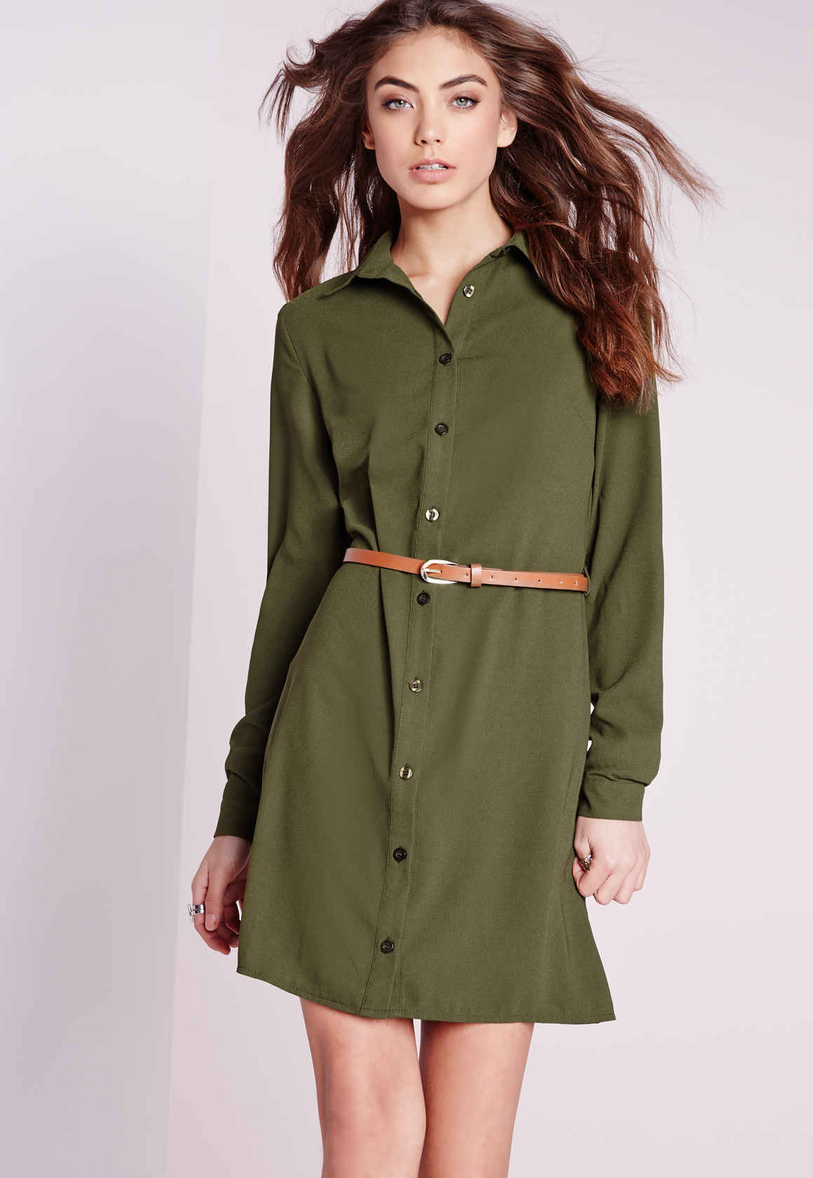 Lyst Missguided Long Sleeve Belted  Shirt  Dress  Khaki  in 