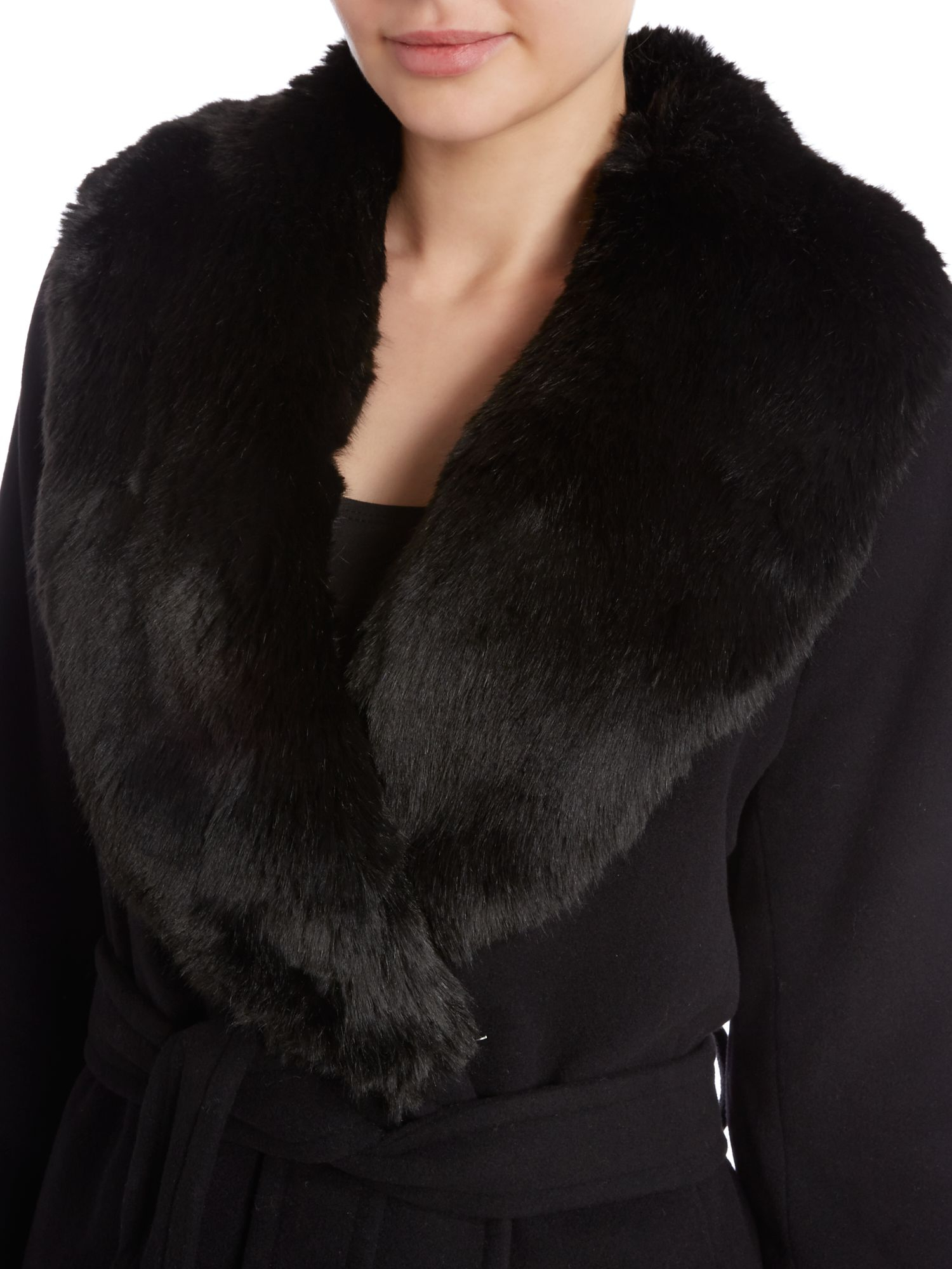 Faux Fur Collar Belt Plain Woolen Wrap Coat