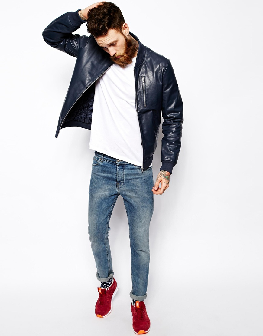 Lyst Asos Leather Er Jacket In Blue For Men Gallery