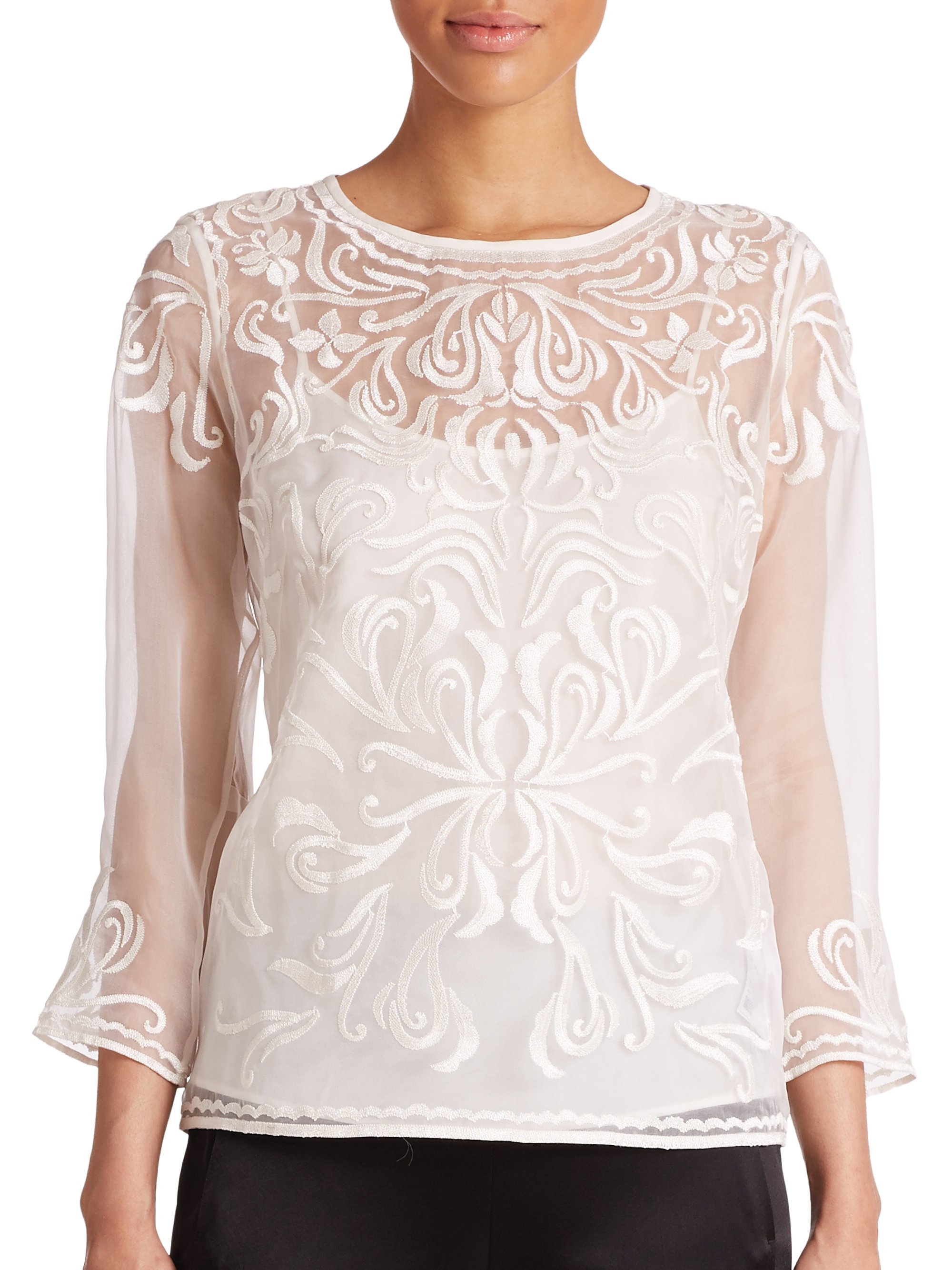 Lyst - Escada Embroidered Sheer Blouse in White