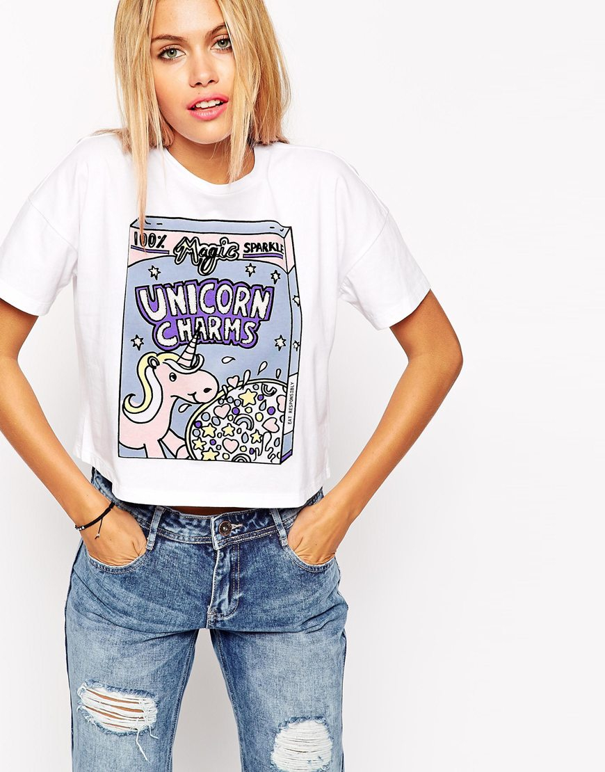 Lyst - ASOS Cropped T-Shirt With Unicorn Charms Glitter Print in White