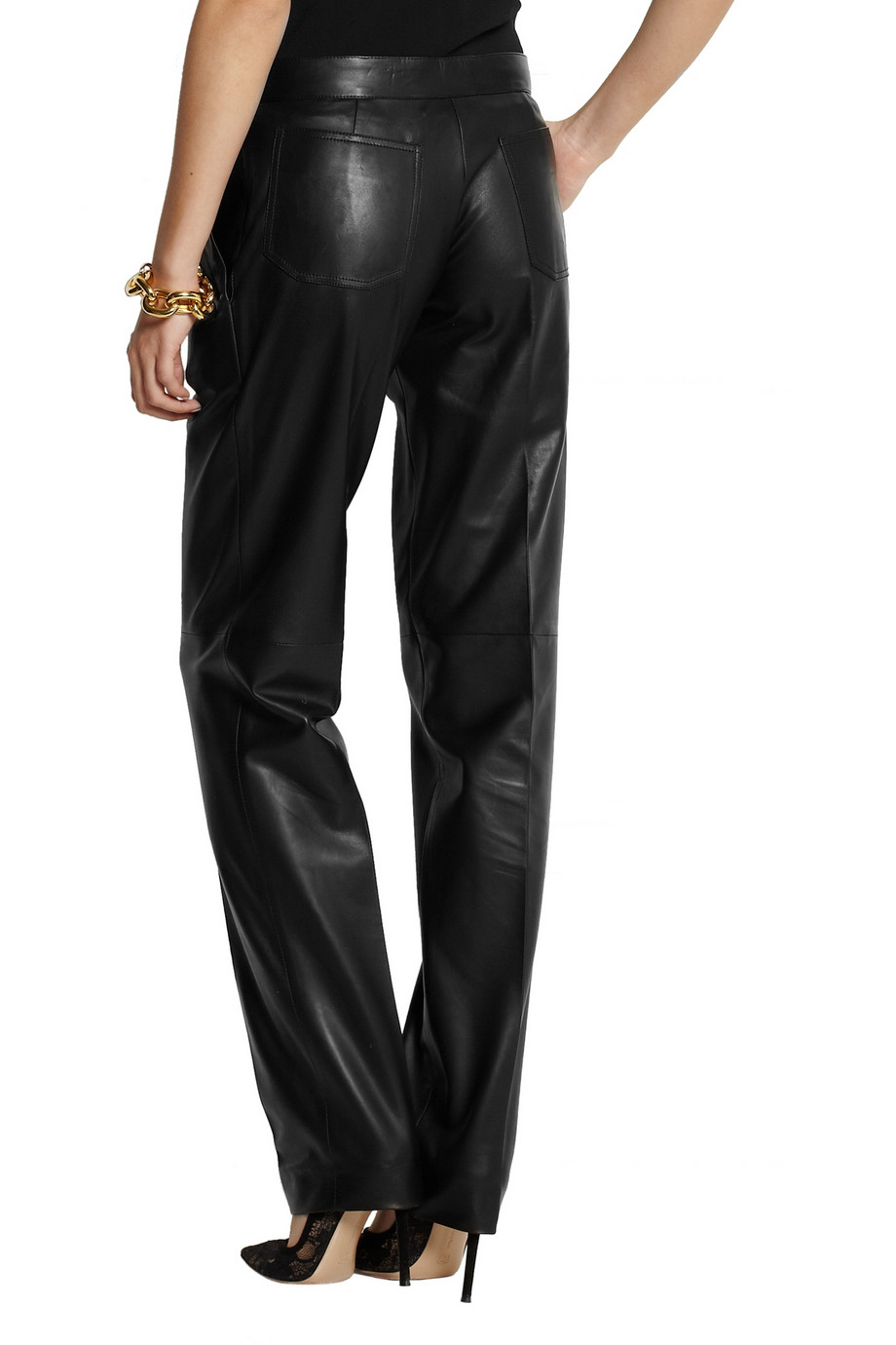 black leather straight leg pants