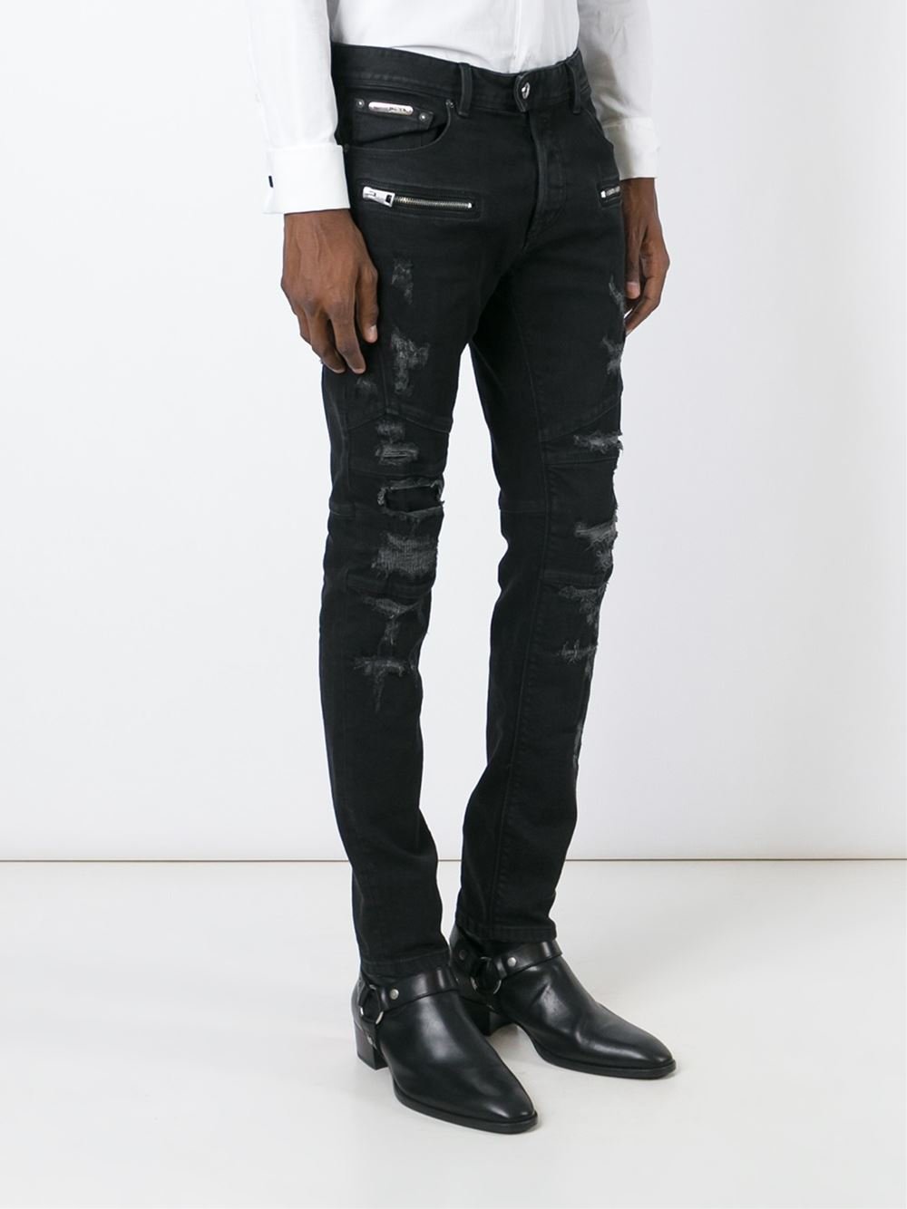 Just Cavalli Distressed Zip Jeans in Black for Men - Lyst