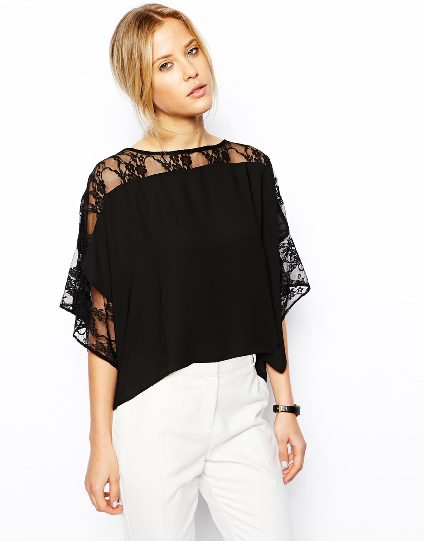 Lyst - Asos T-Shirt With Lace Trim Kimono Sleeve in Black