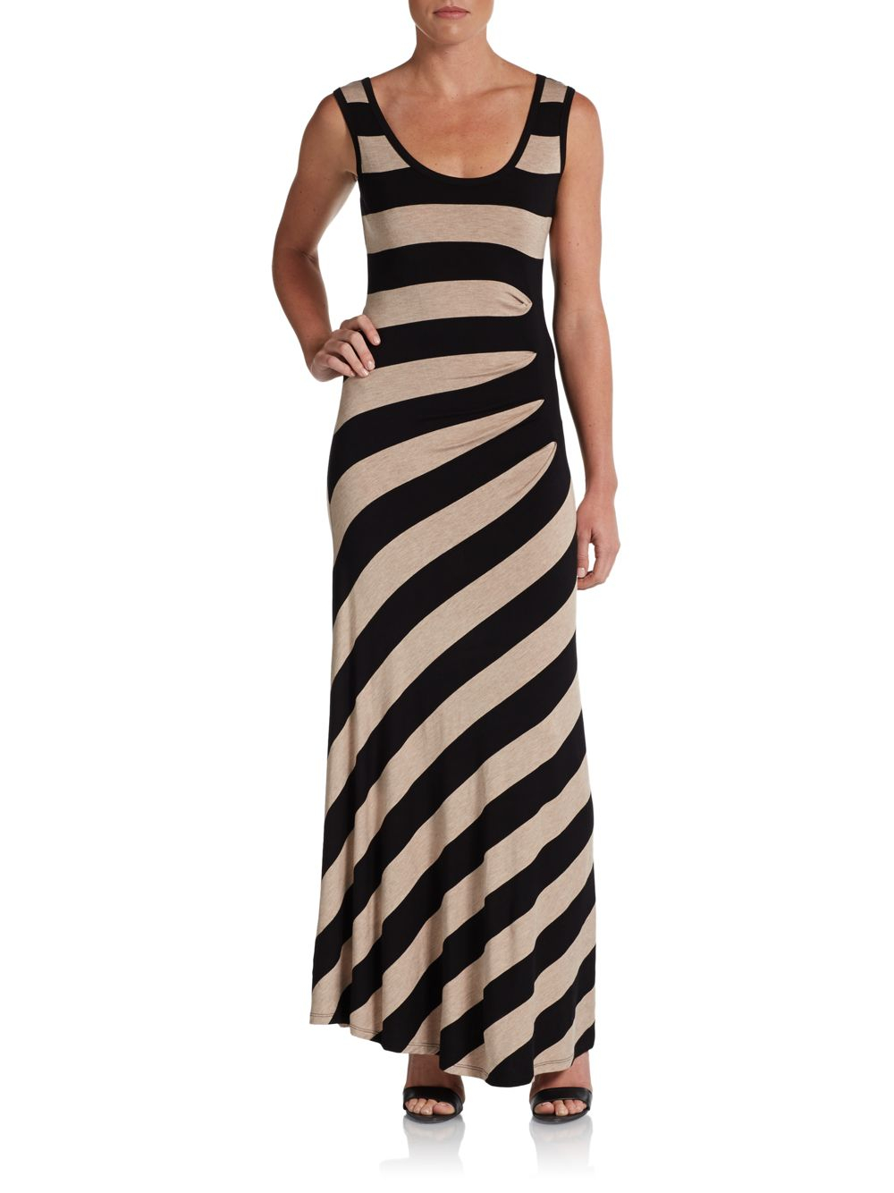Lyst - Calvin klein Striped Ruched Maxi Dress in Black