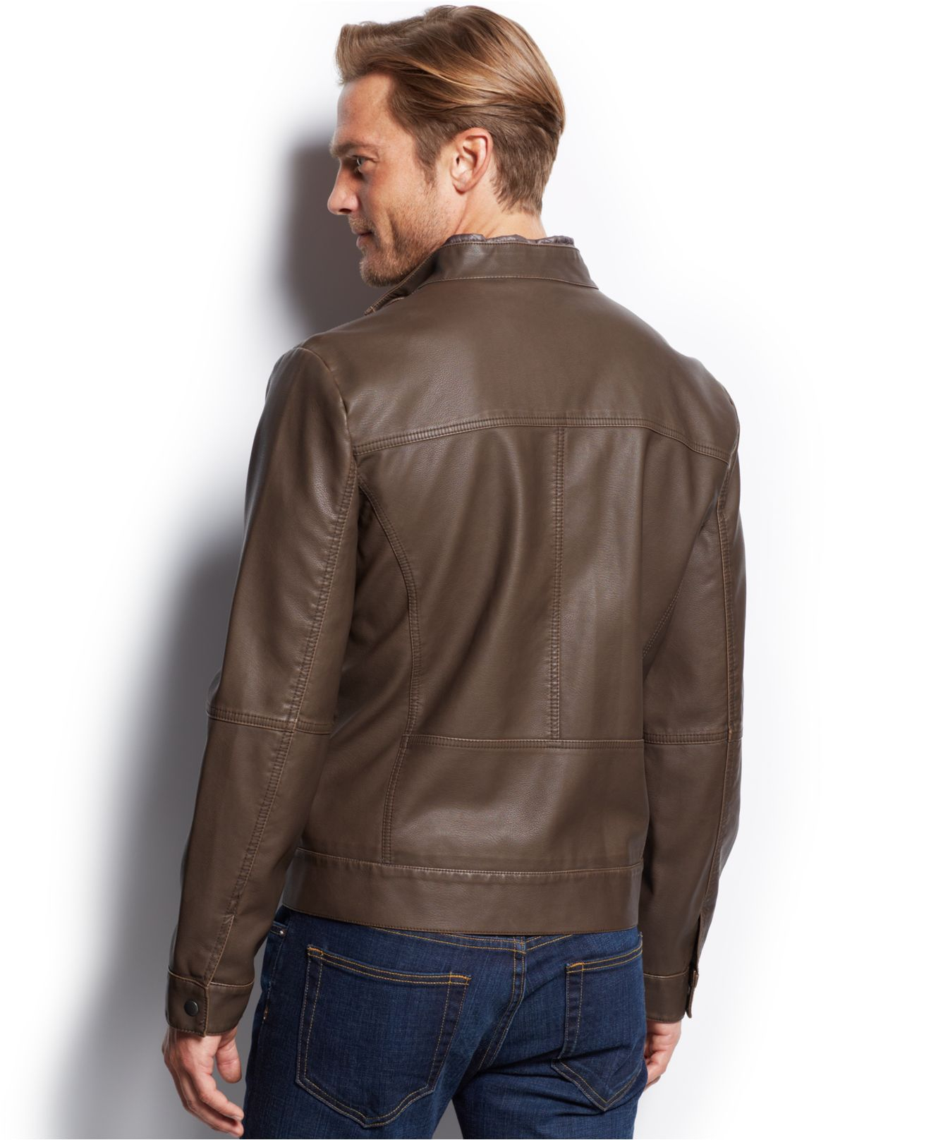 Kenneth cole Quilted-bib Faux-leather Moto Jacket in Brown for Men | Lyst