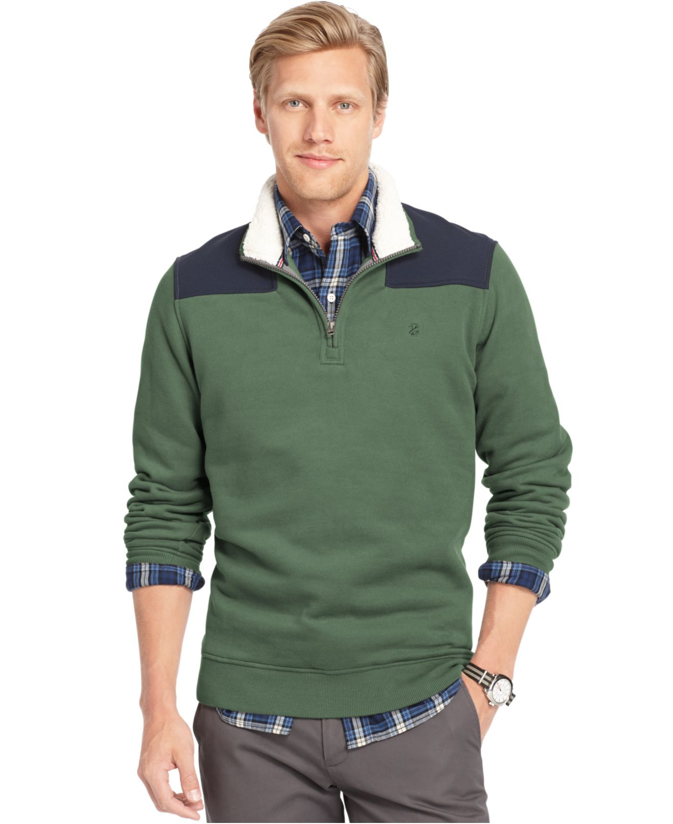 izod mock neck colorblocked quarter zip fleece sweater in green for kombu green lyst izod mock neck colorblocked quarter zip fleece sweater in green for kombu green lyst