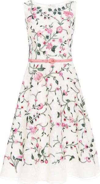 Oscar De La Renta Embroidered Silk Dress in Green (Ivory/Sorbet) | Lyst