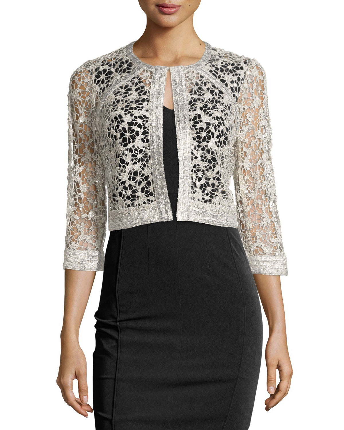 Kay unger Sequined Lace Cropped Jacket in Silver Lyst