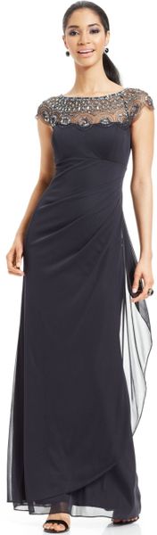 Xscape Cap-Sleeve Illusion Beaded Gown in Gray (Charcoal) | Lyst