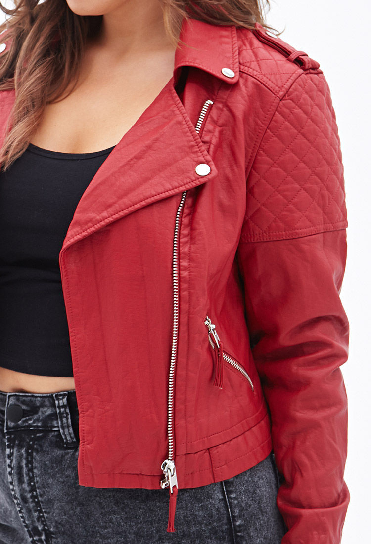 Lyst Forever 21 Quilted Faux Leather Jacket In Red Be Inspired