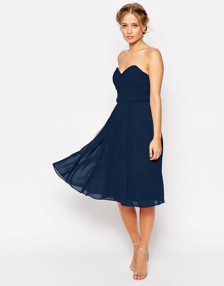  Asos  Wedding  Chiffon Bandeau Midi Dress  in Blue  Navy  Lyst