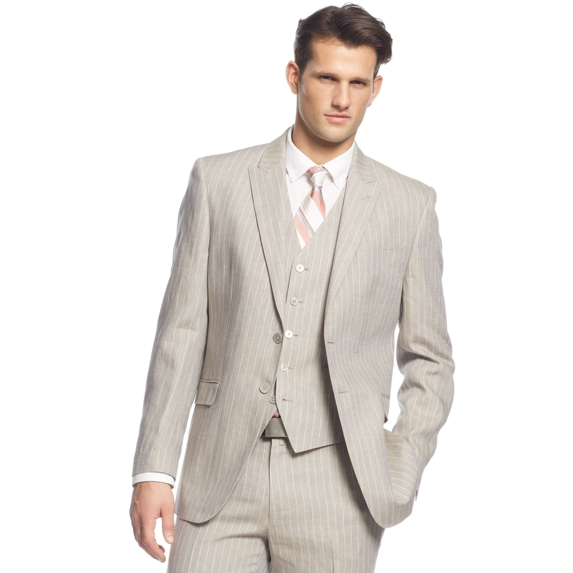 Lyst - Lauren By Ralph Lauren Lauren Grey Linen Stripe Vested Suit Slim ...