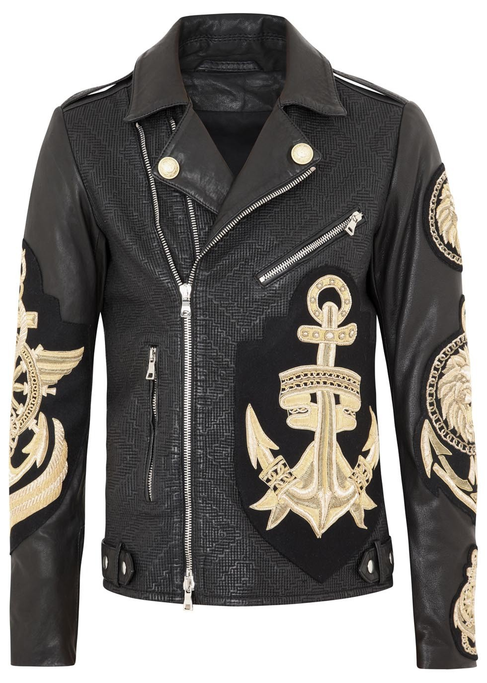 Balmain Black Embroidered Leather Biker Jacket in Metallic for Men - Lyst