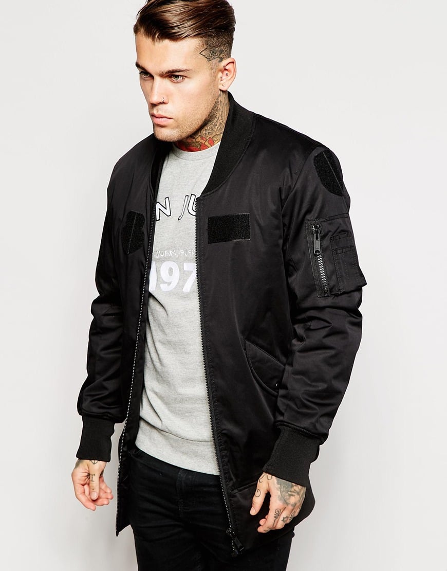 lyst-asos-longline-bomber-jacket-with-patches-in-black-for-men