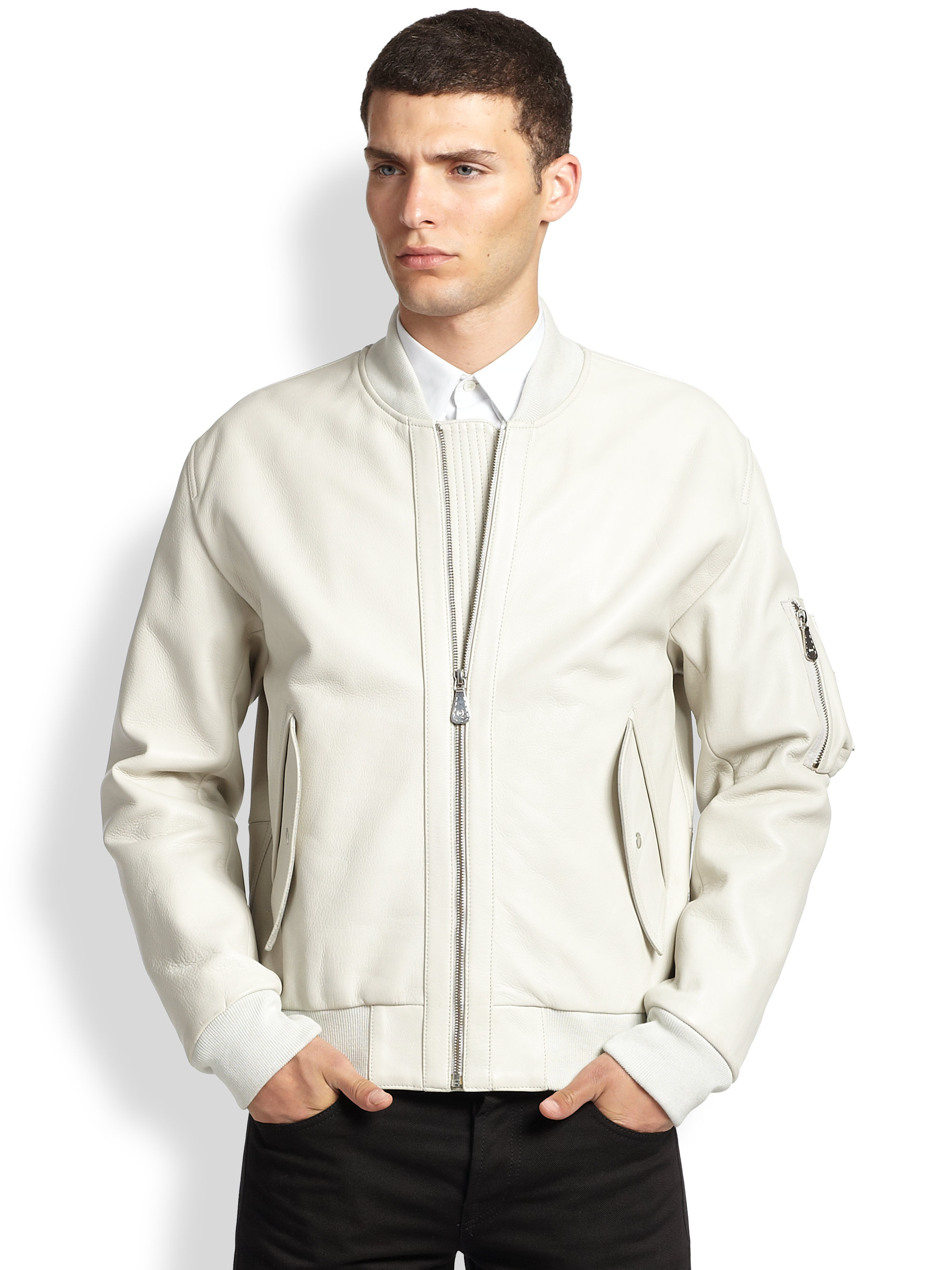 Mcq Leather Bomber Jacket in White for Men | Lyst