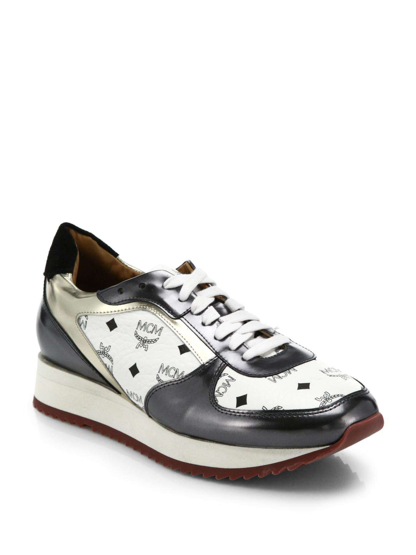 MCM | White Visetos Logo-print Leather Sneakers | Lyst