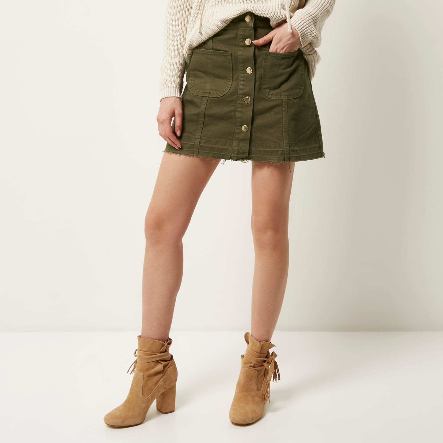 River island Khaki Denim Button-up A-line Skirt in Natural | Lyst
