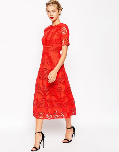 Asos Premium Midi Skater Dress In Lace in Red | Lyst