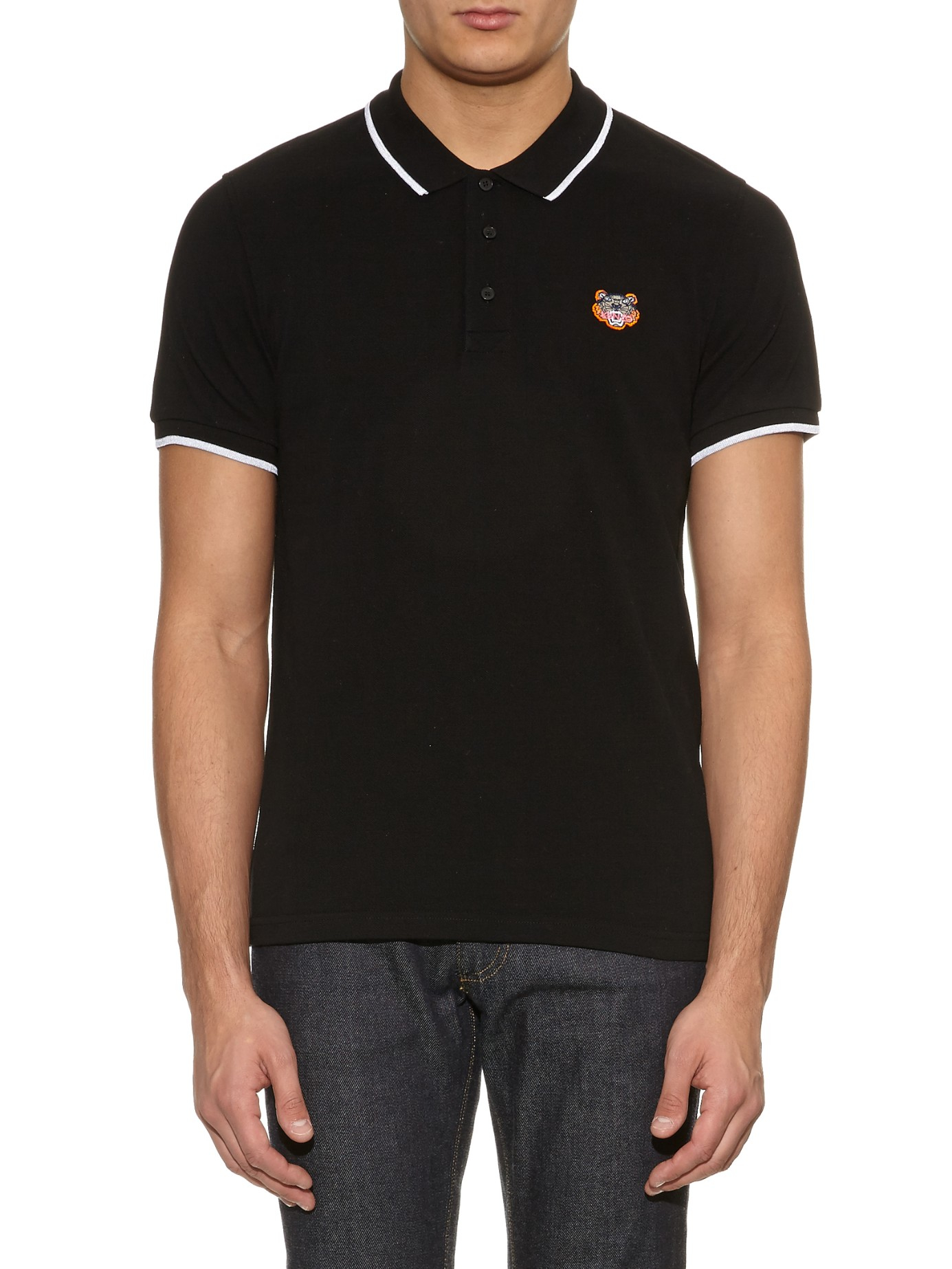 KENZO Tiger-Patch Cotton-Piqué Polo Shirt in Black for Men - Lyst