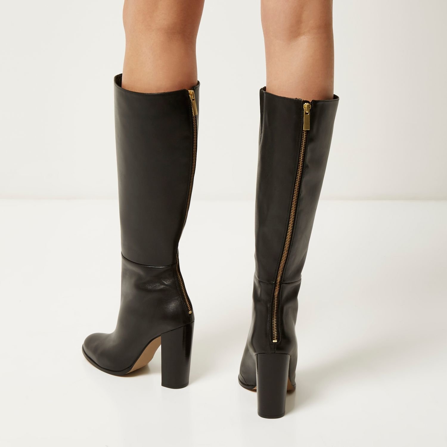 Lyst - River Island Black Leather Knee High Heeled Boots in Black