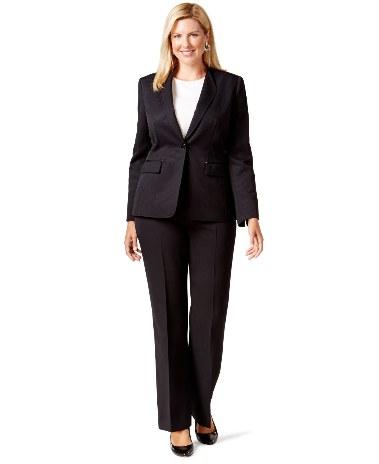 Tahari Plus Size One-button Pinstriped Pantsuit in Black | Lyst